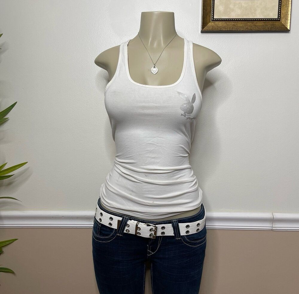 Playboy Women’s Vintage Rhinestone Bow-Tie Bunny Slim Fit Tank Top